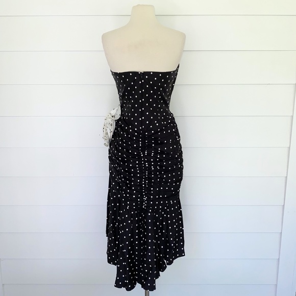 Vintage Tadashi Polka Dot Strapless Rosette Black Dress 8 - Picture 4 of 14